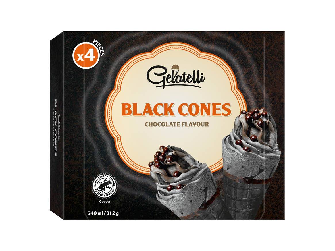 Štiri črne Gelatelli sladoledne kornete s čokoladnim okusom.
