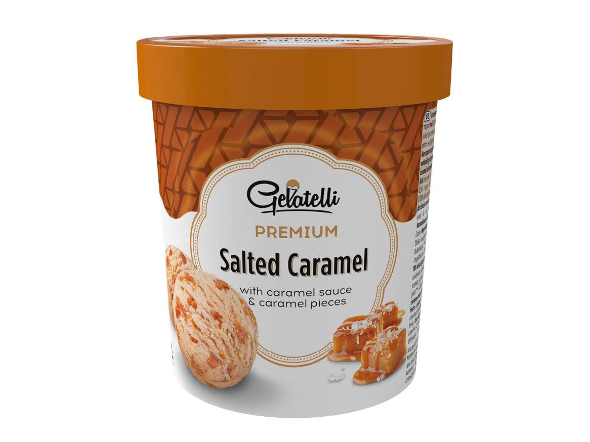 Gelatelli Premium sladoled slane karamele v posodi.