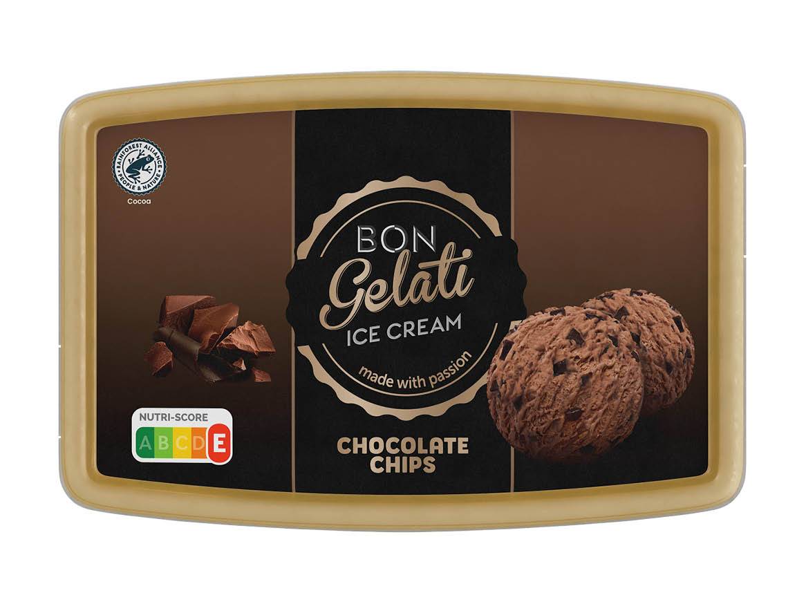 Posoda Bon Gelati čokoladnega sladoleda s čokoladnimi koščki.