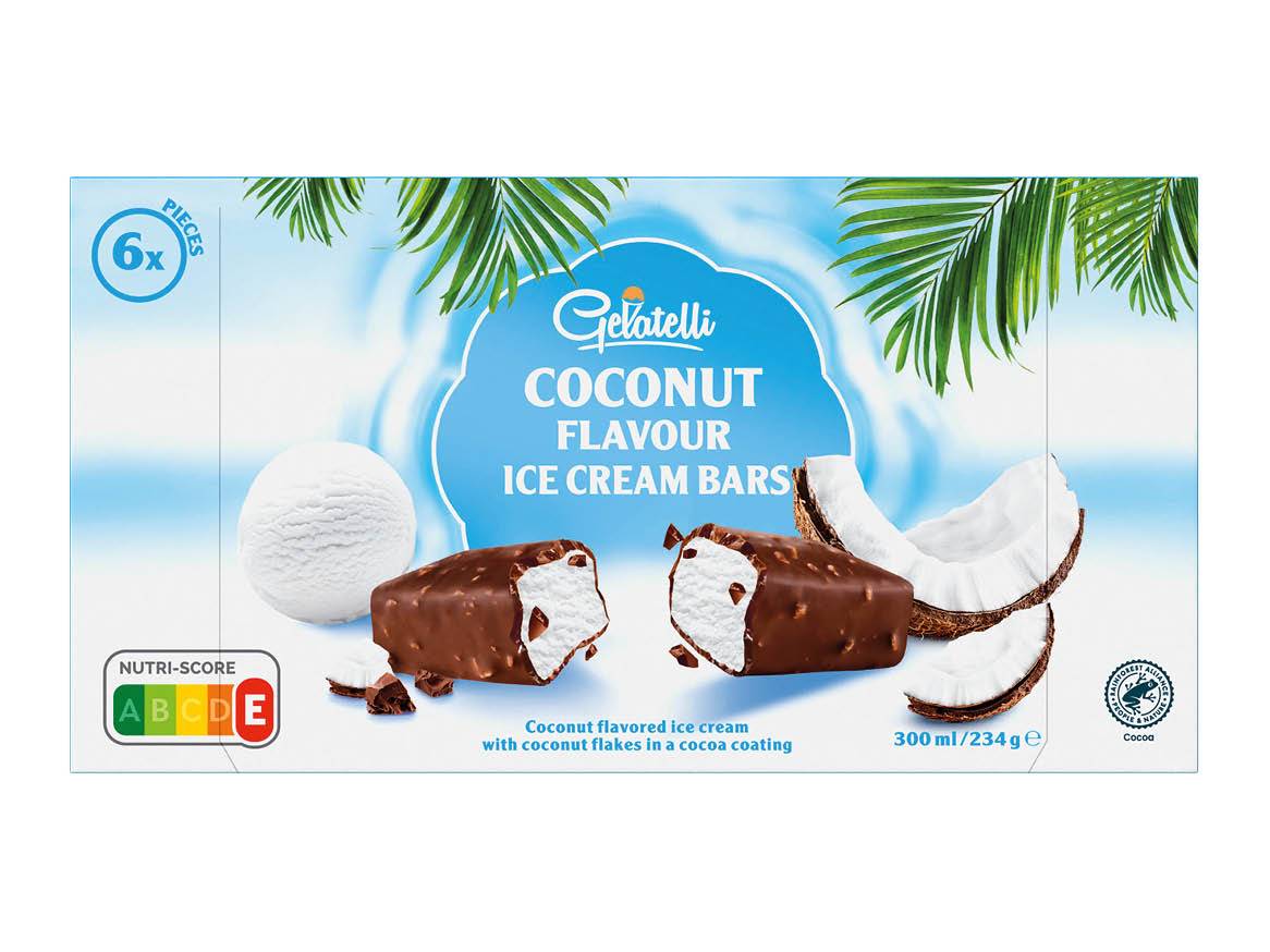 Šest Gelatelli palčk sladoleda z okusom kokosa in čokoladnim prelivom.