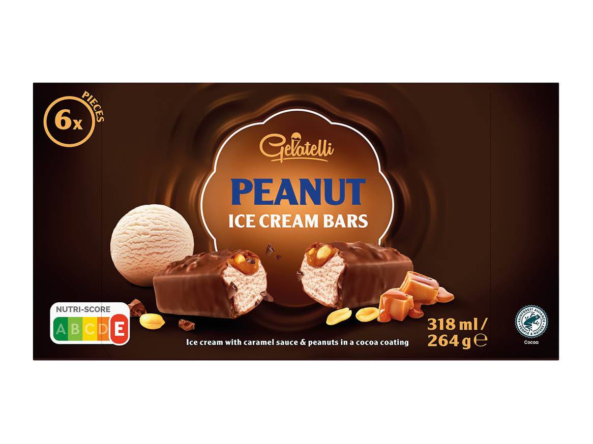 6 Gelatelli Peanut sladolednih palčk: sladoled, karamel, arašidi, čokoladna prevleka.