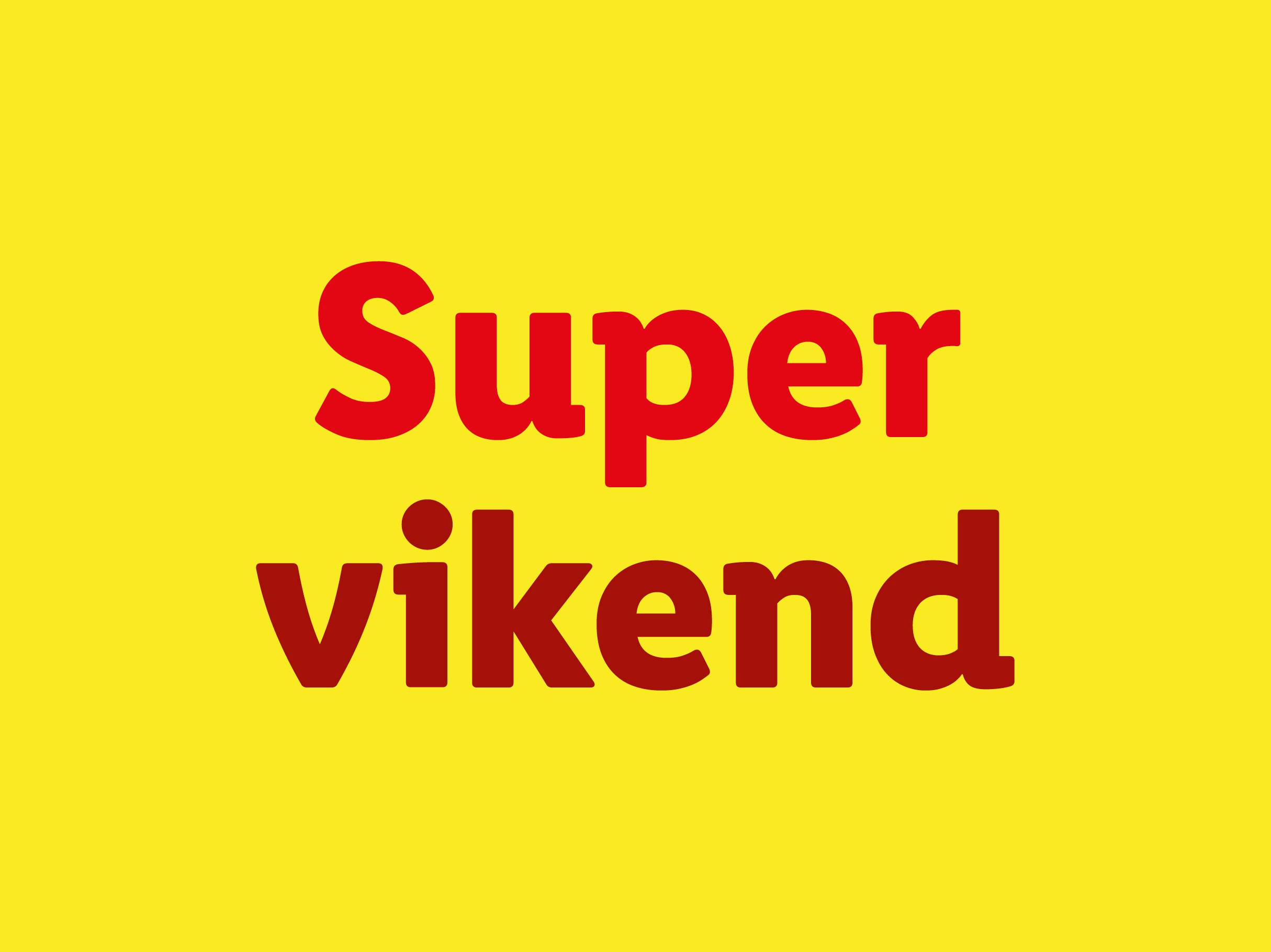 Rdeče besedilo »Super vikend« na rumenem ozadju.