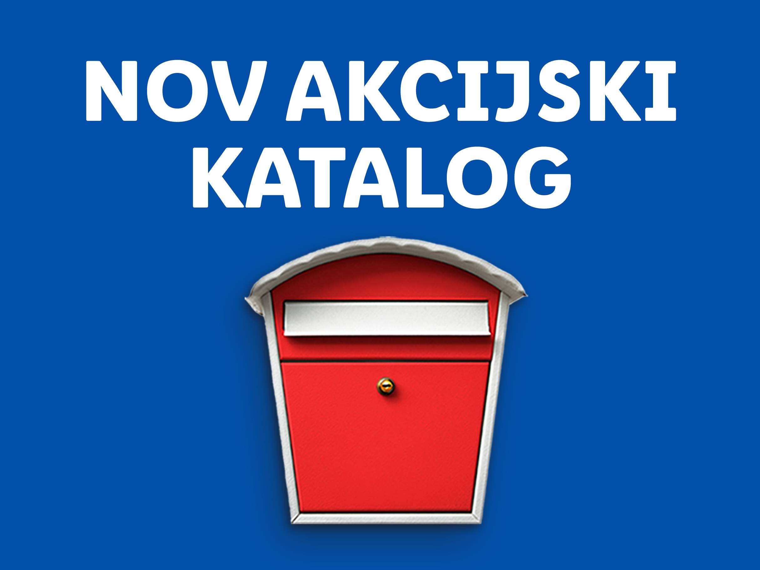 Nov akcijski katalog v rdečem poštnem nabiralniku na modrem ozadju.