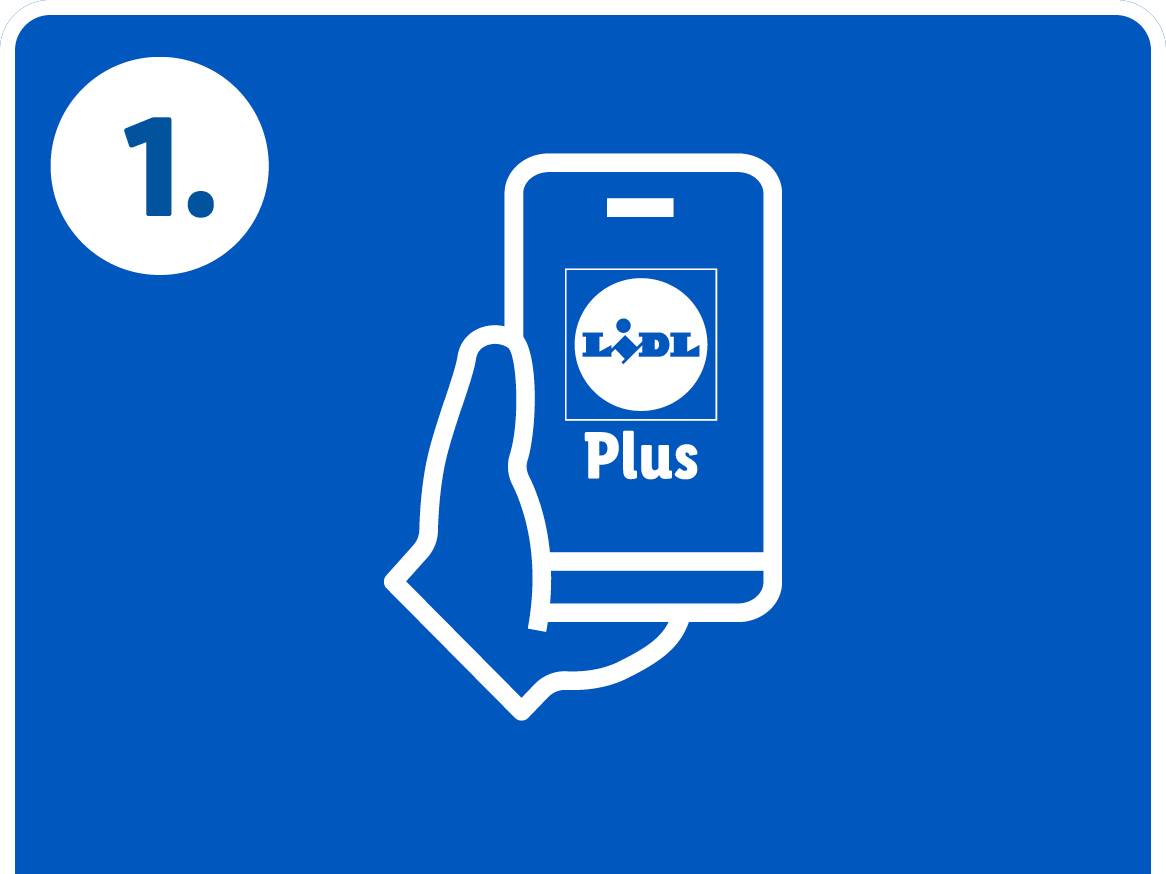 Ikona: roka drži pametni telefon z aplikacijo Lidl Plus in številko 1.