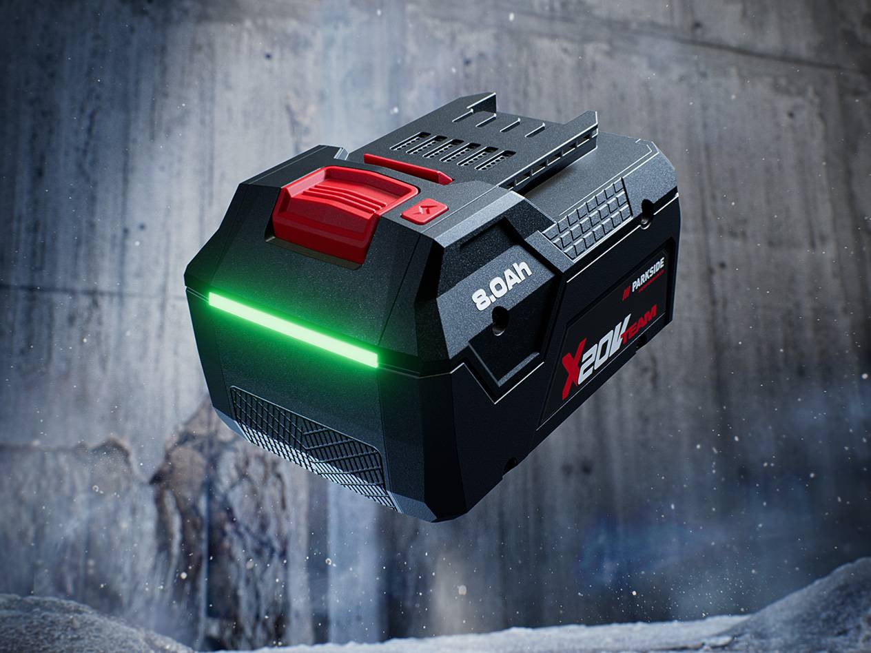 Baterija Parkside X 20V Team 8.0Ah s svetlo zelenim indikatorjem napolnjenosti.