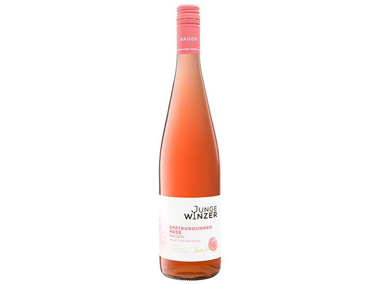 Steklenica vina Junge Winzer Spätburgunder Rosé z rožnato etiketo.