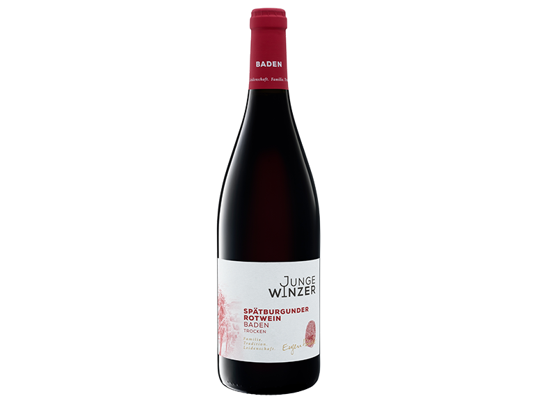 Steklenica rdečega vina Junge Winzer Spätburgunder iz Badna.
