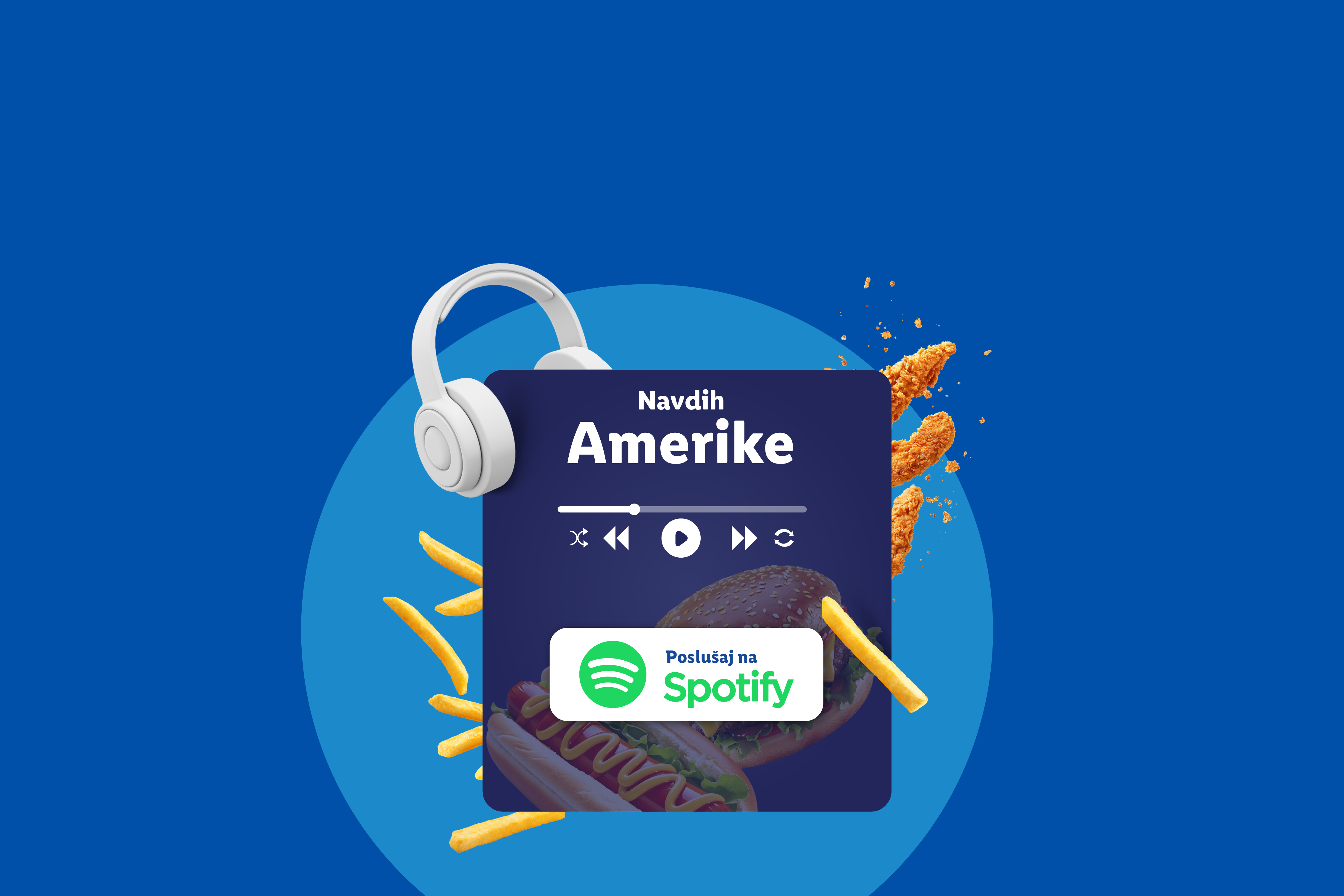 Slušalke in predvajalnik glasbe z napisom »Navdih Amerike«, obkrožen s hitro hrano.