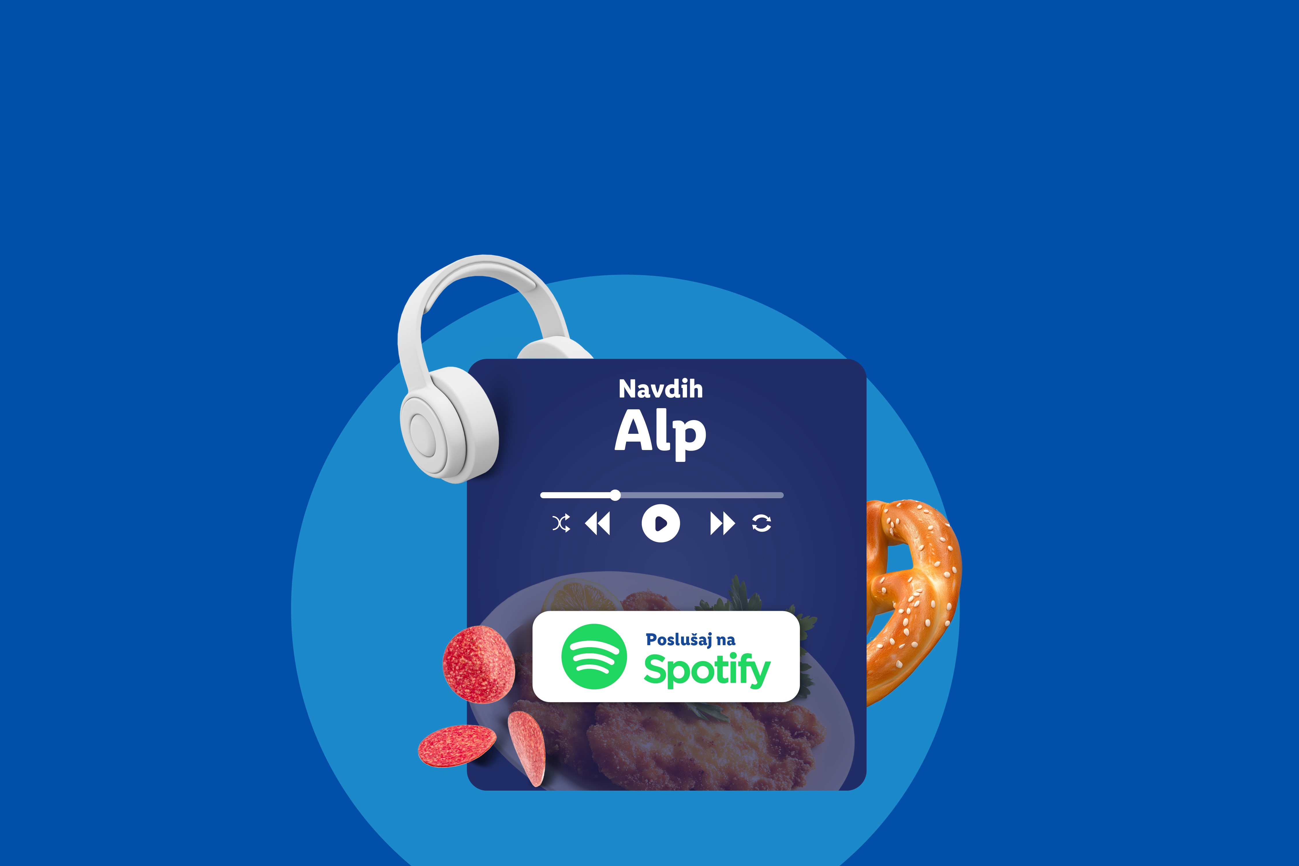 Spotify predvajalnik z napisom 'Navdih Alp' in gumbom 'Poslušaj na Spotify' na ozadju šnicla, salame in preste.