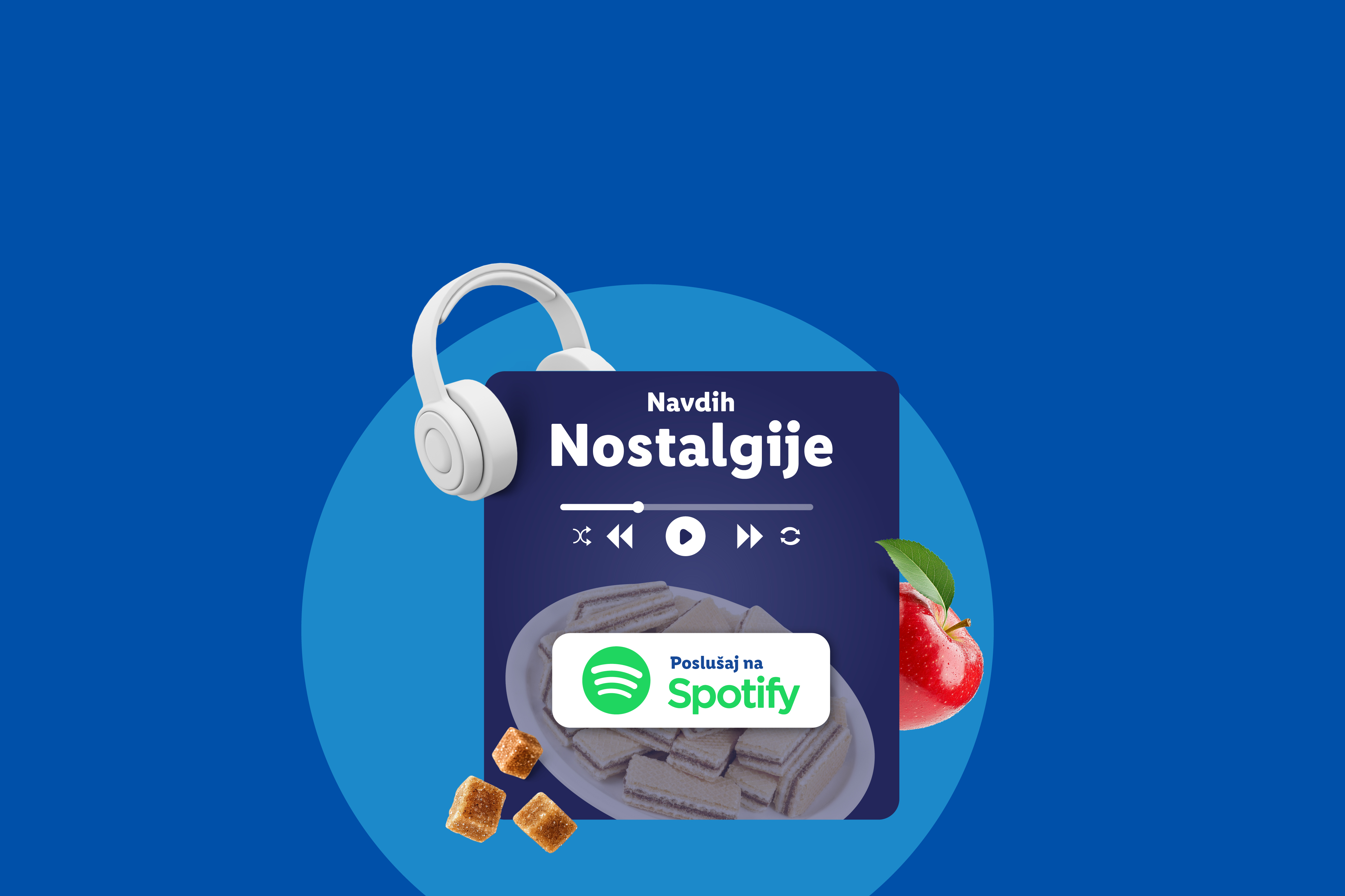 Slušalke, Spotify predvajalnik z napisom »Nostalgije«, vafelj piškoti, jabolko in rjavi sladkor.