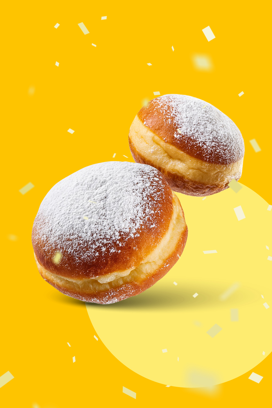 Dva krofka s sladkorjem v prahu na rumenem ozadju s konfeti.