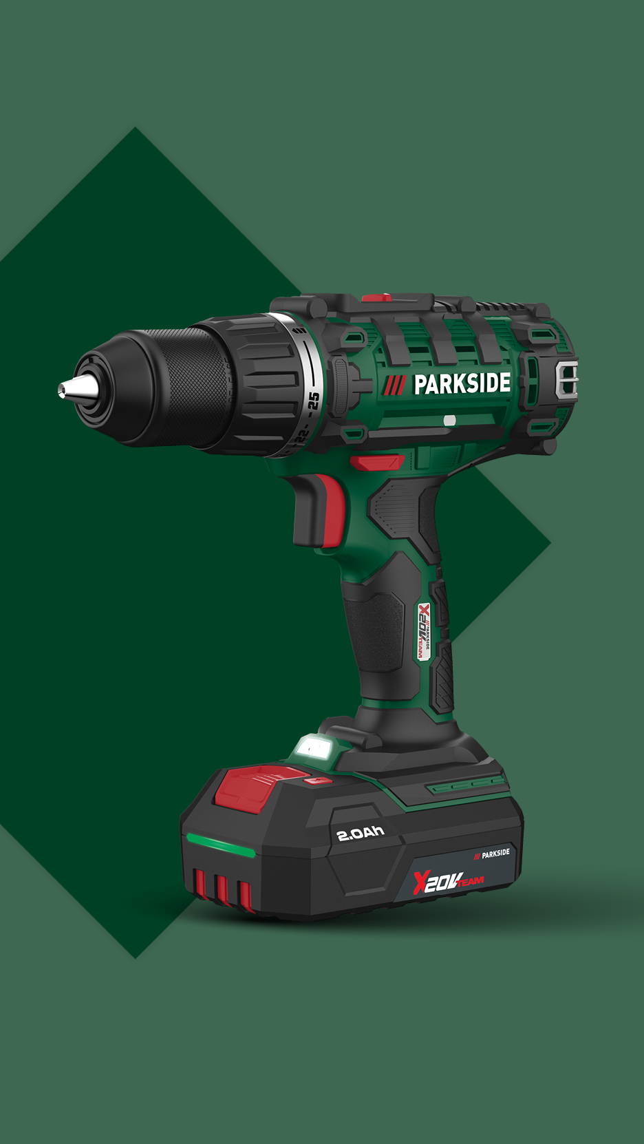 Akumulatorski vrtalnik z baterijo 2.0Ah na temno zelenem ozadju.