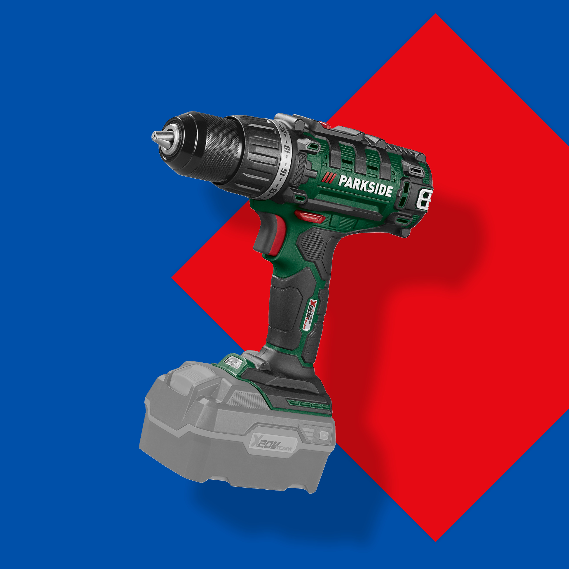 Parkside akumulatorski vrtalnik na modro-rdečem ozadju.