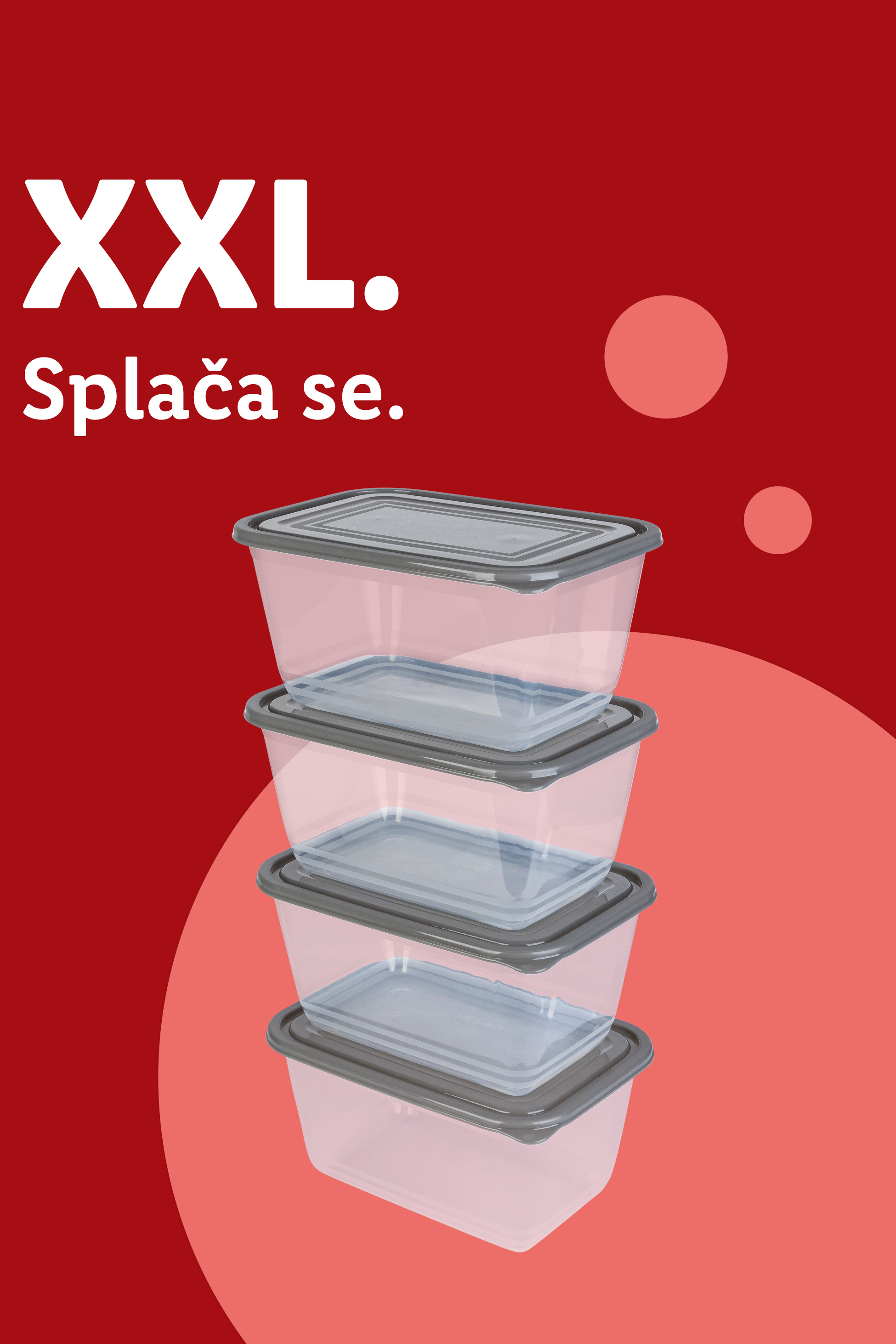Štiri zložljive posode za shranjevanje hrane XXL velikosti na rdečem ozadju.