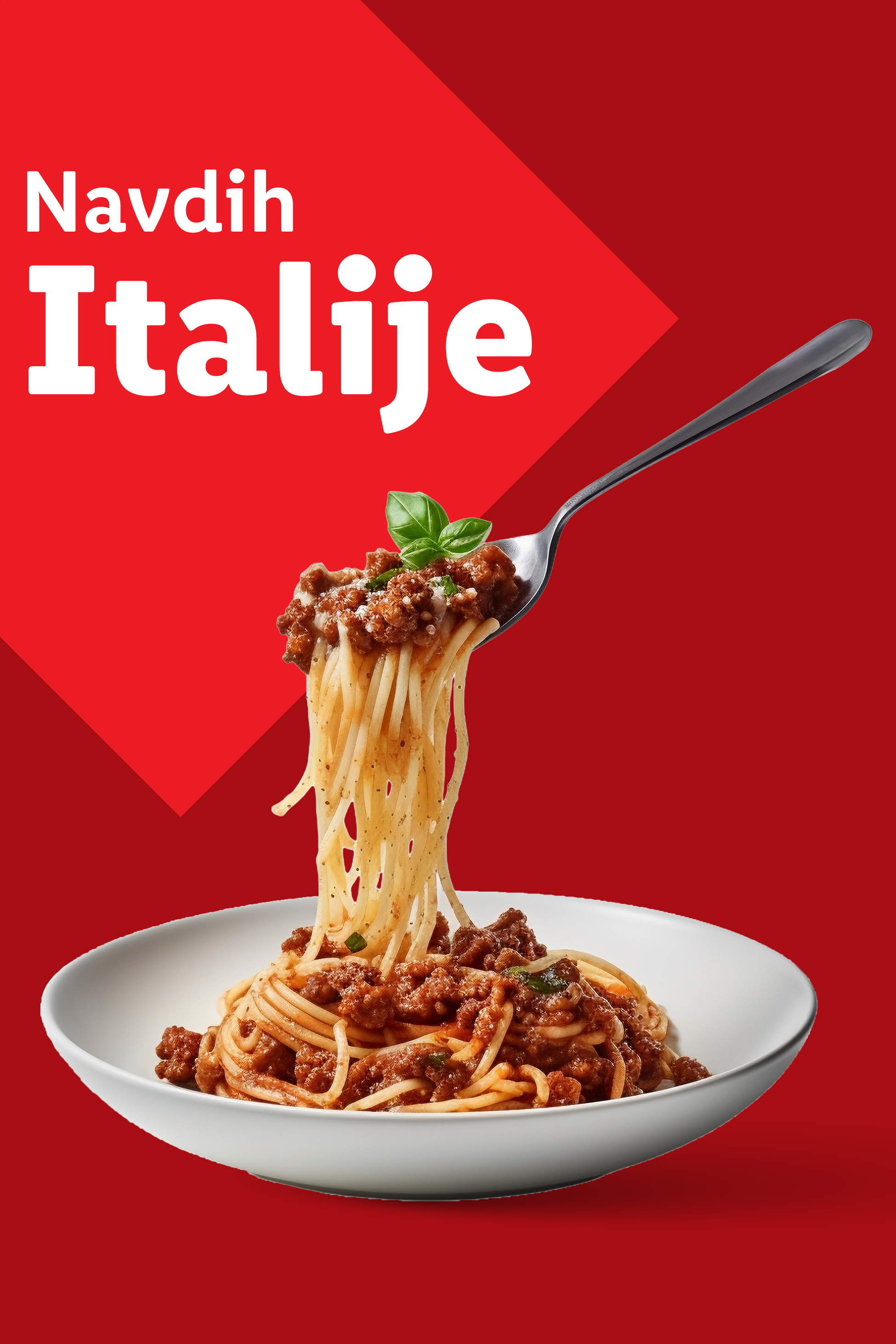 Špageti bolognese na vilici in v krožniku, z napisom »Navdih Italije«.