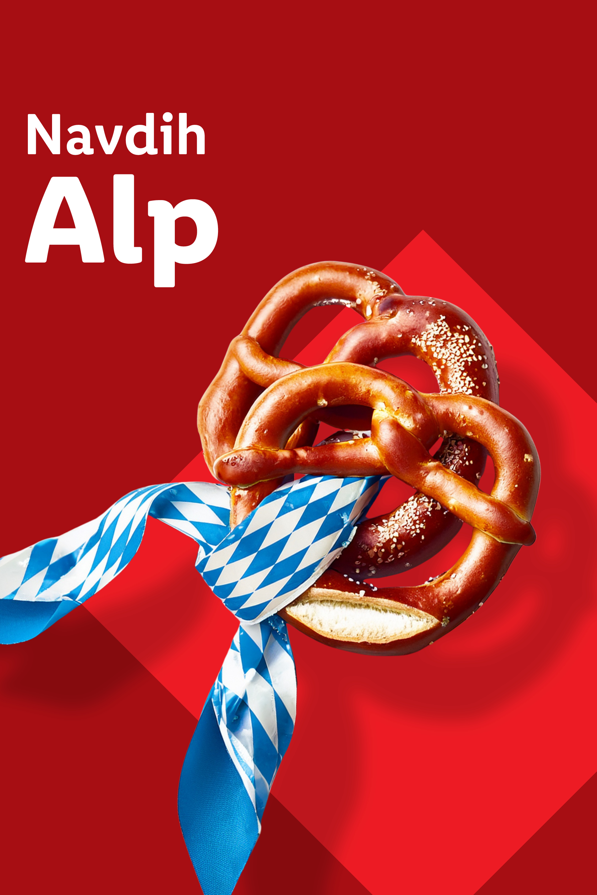 Pretzel z modro-belo karirasto pentljo na rdečem ozadju z napisom »Navdih Alp«.