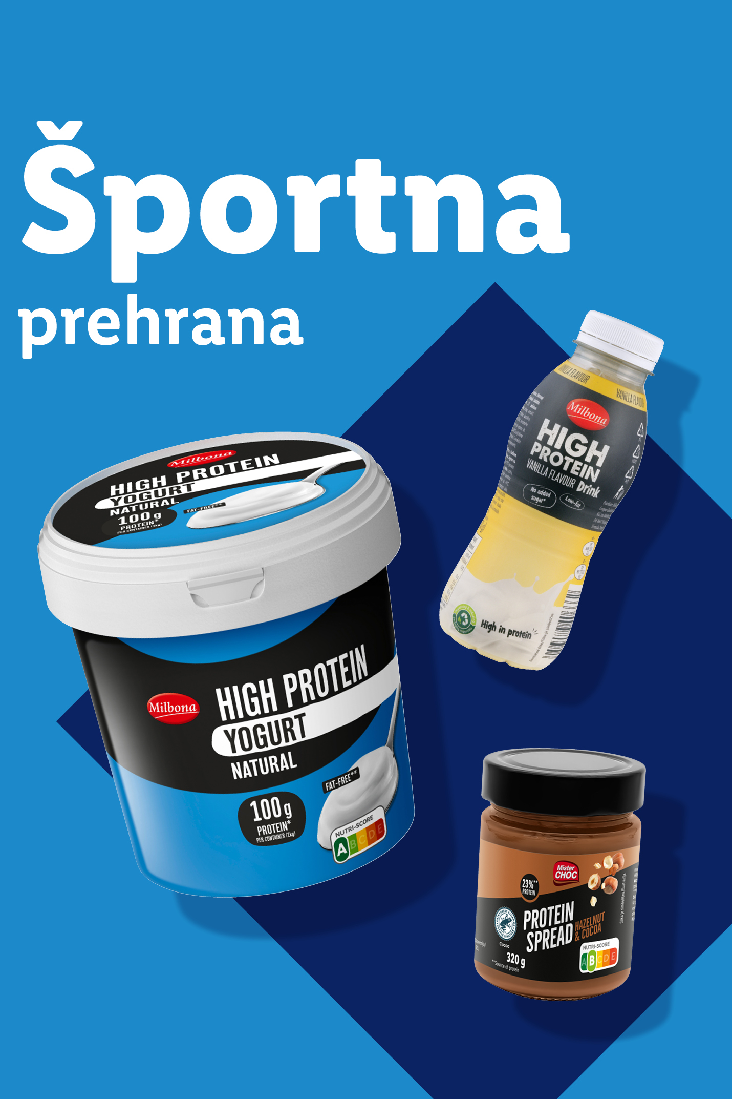Športna prehrana: Milbona visokoproteinski jogurt, napitek in Mister Choc namaz.
