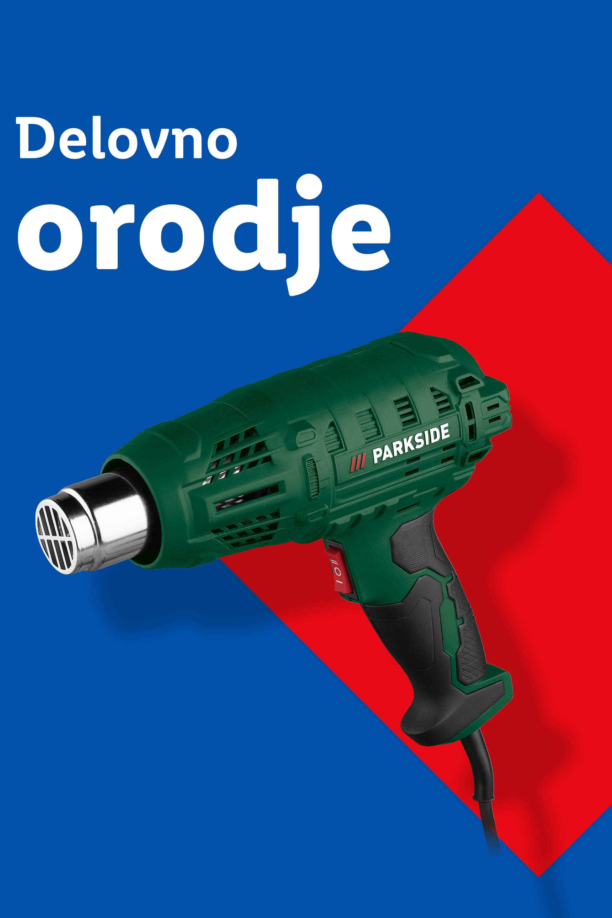 Zelena pištola na vroč zrak Parkside na modro-rdečem ozadju z napisom »Delovno orodje«.