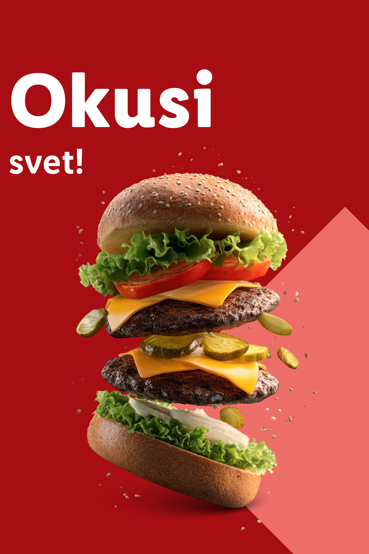 Lebdeči dvojni burger z zelenjavo in sirom na rdečem ozadju z napisom Okusi svet!