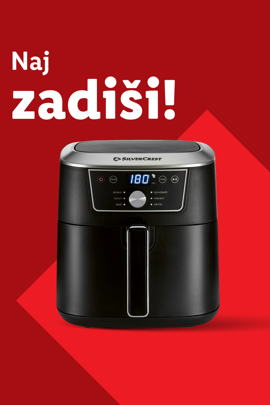 Črna cvrtnik na vroč zrak z digitalnim zaslonom in napisom 'Naj zadiši!'.