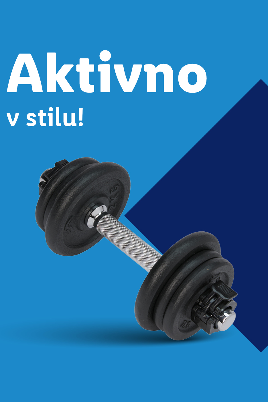 Utež za vadbo na modrem ozadju z napisom »Aktivno v stilu!«