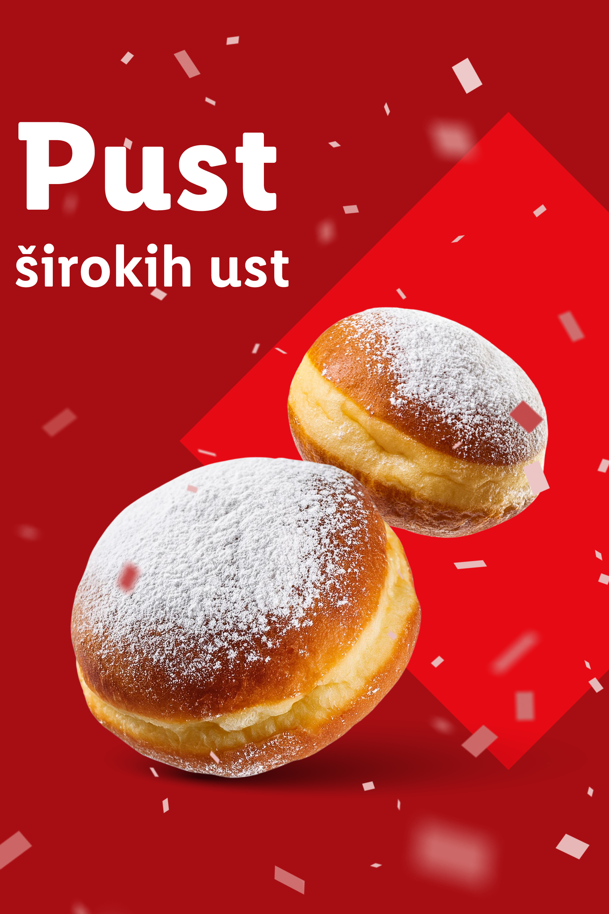 Dva krofka s sladkorjem v prahu na rdečem ozadju s konfeti in napisom »Pust širokih ust«.