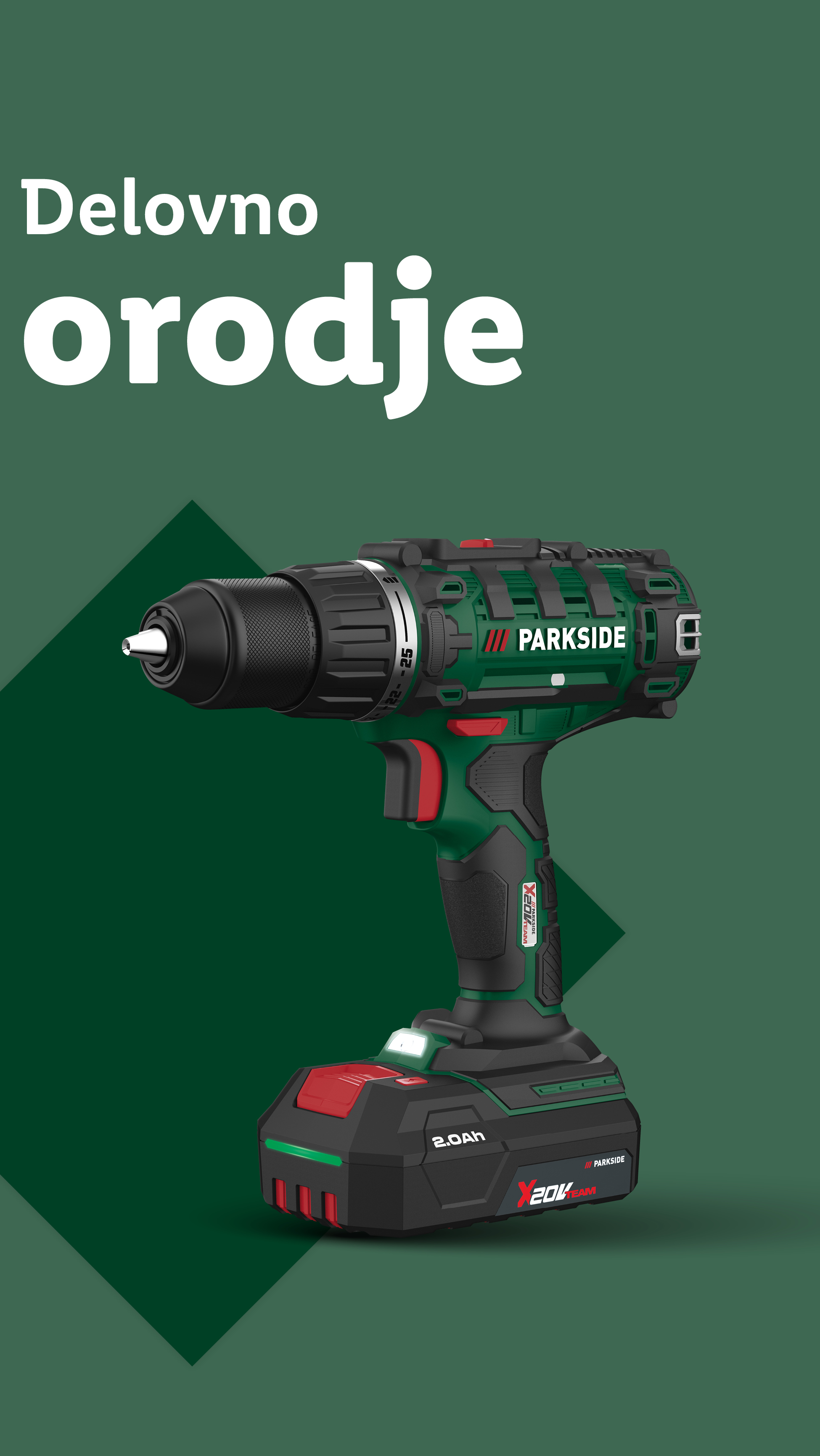 Akumulatorski vrtalnik na temno zelenem ozadju z napisom 'Delovno orodje'.