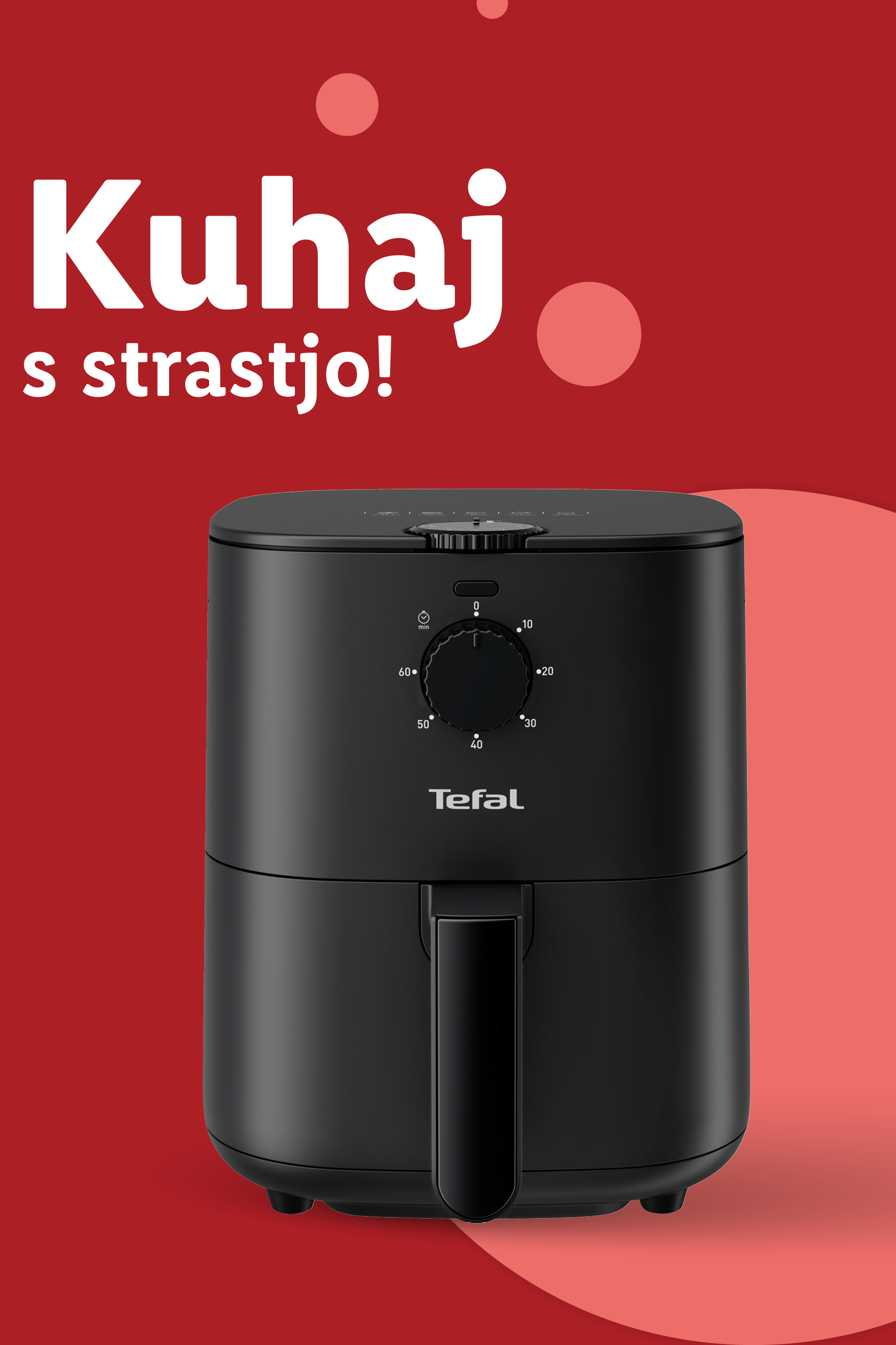 Črn cvrtnik na vroč zrak Tefal z gumbom za upravljanje na rdečem ozadju.