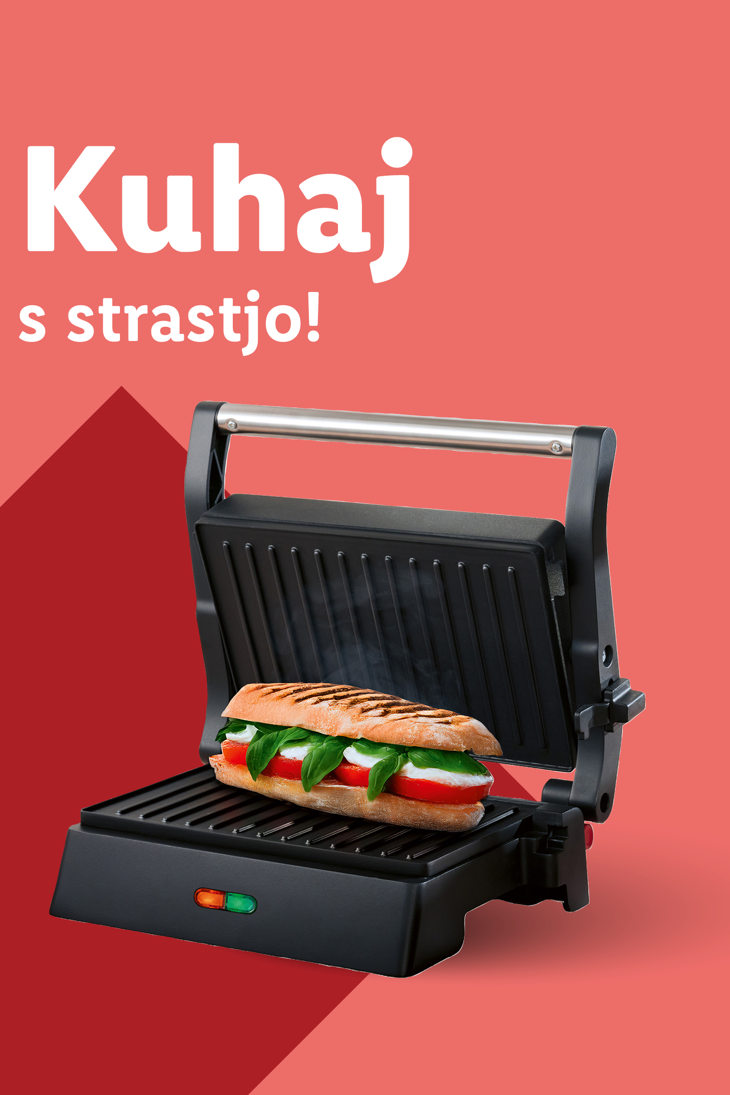 Panini žar s caprese sendvičem in napisom »Kuhaj s strastjo!«