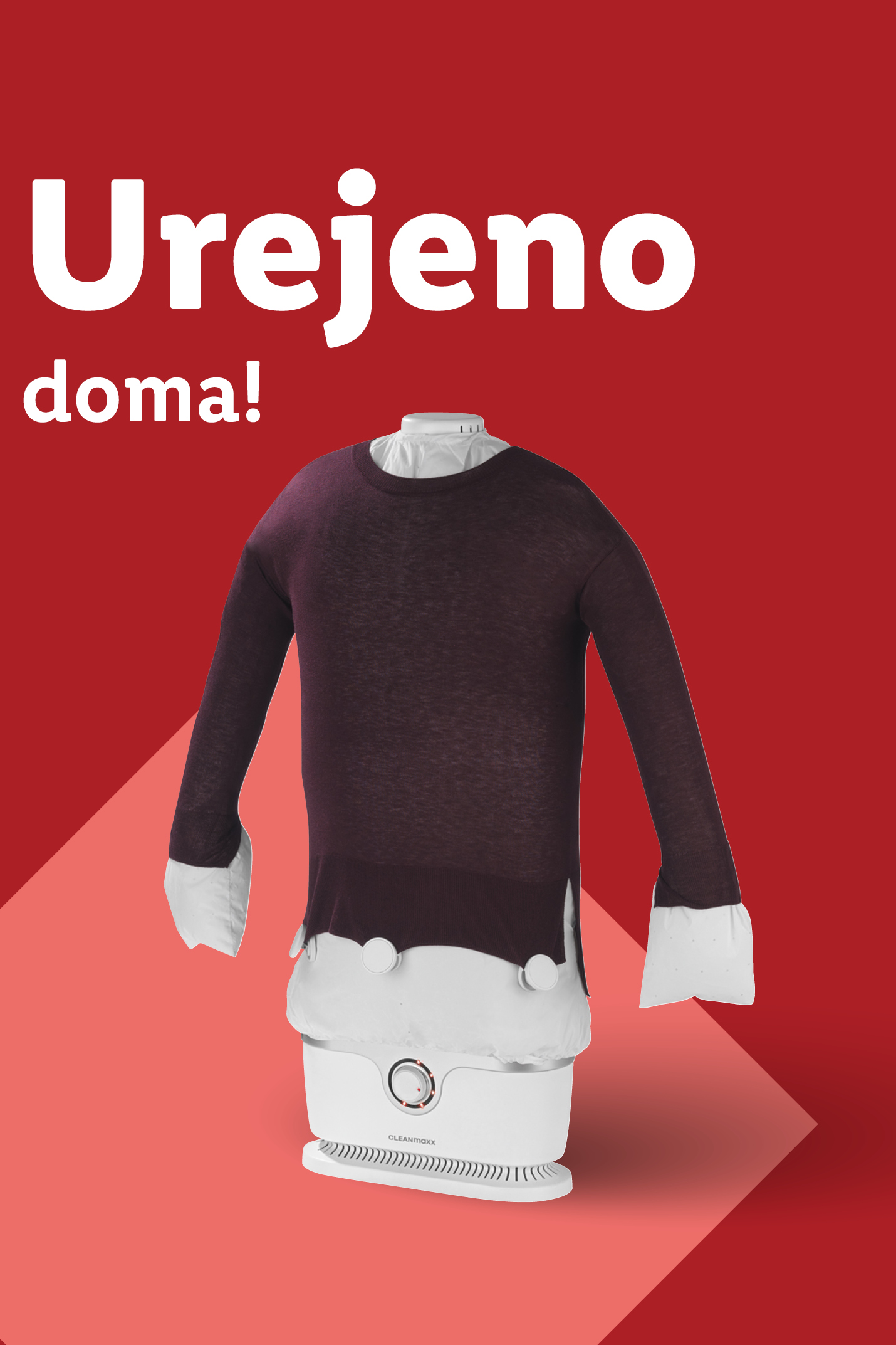 Naprava za sušenje in likanje oblačil z napisom »Urejeno doma!«