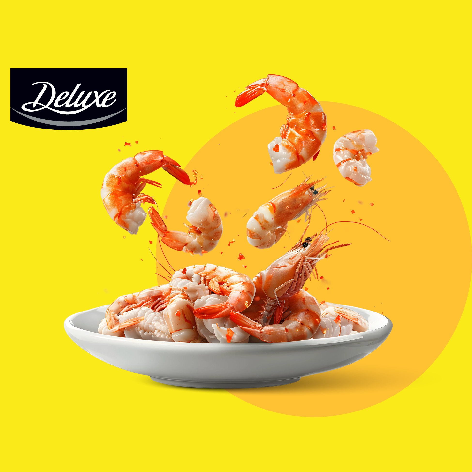 Kuhane kozice in škampi v beli skledi na rumenem ozadju z oranžnim krogom.