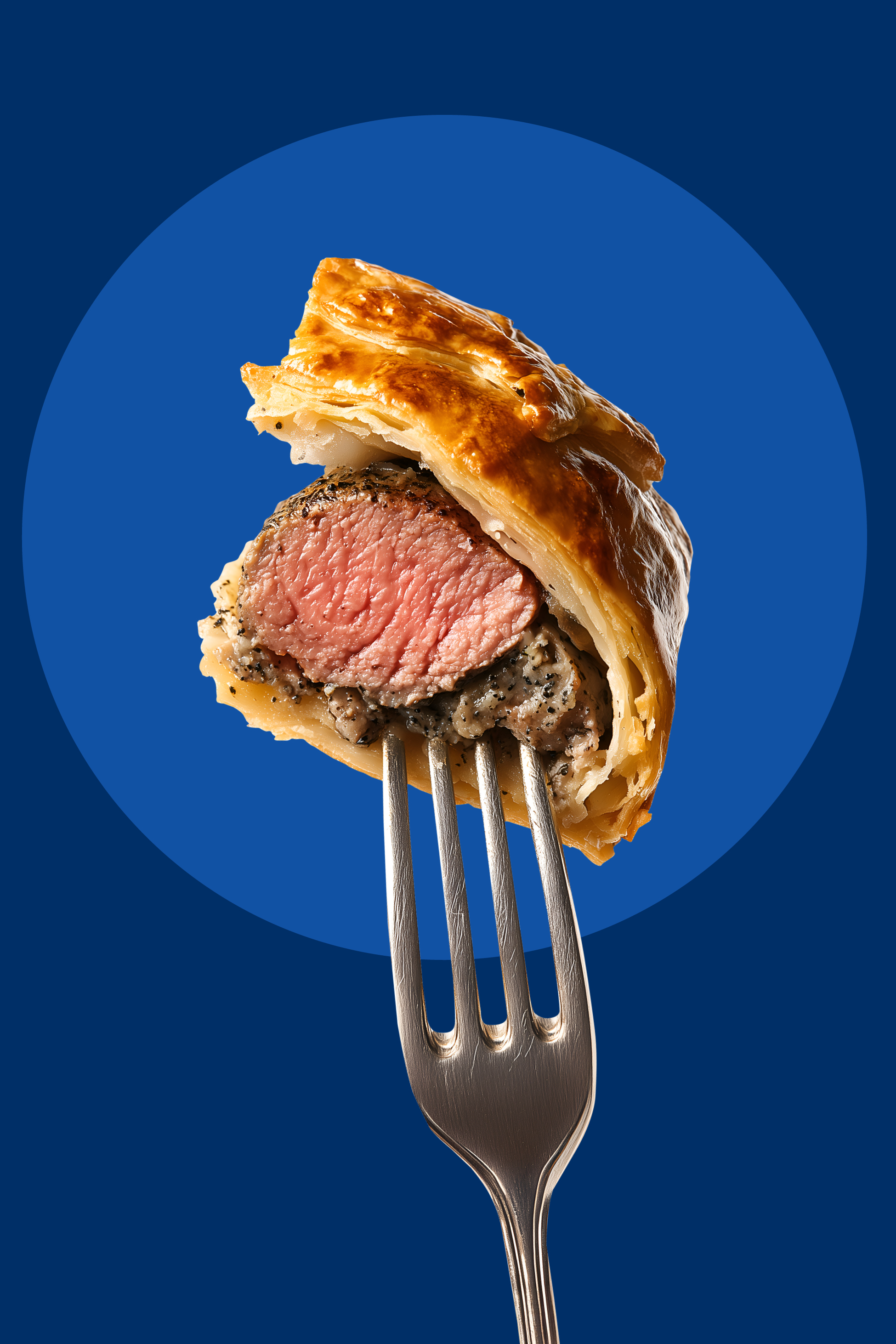 Krožnik z govedino Wellington na vilici, s hrustljavim testom in sočnim mesom.