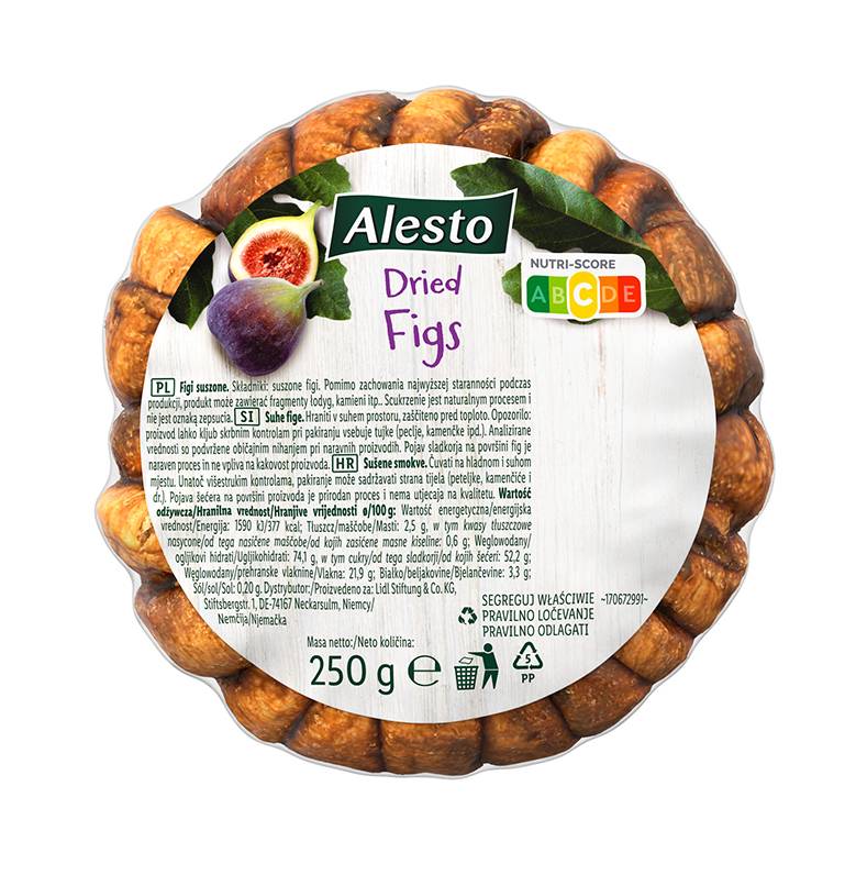 Alesto suhe fige v pakiranju 250 g z oznako Nutri-Score A.
