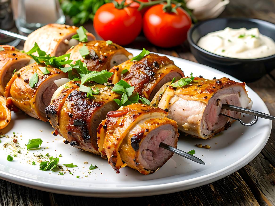 Nabodala iz mesa, ovitega v slanino, s paradižnikom in omako v ozadju.