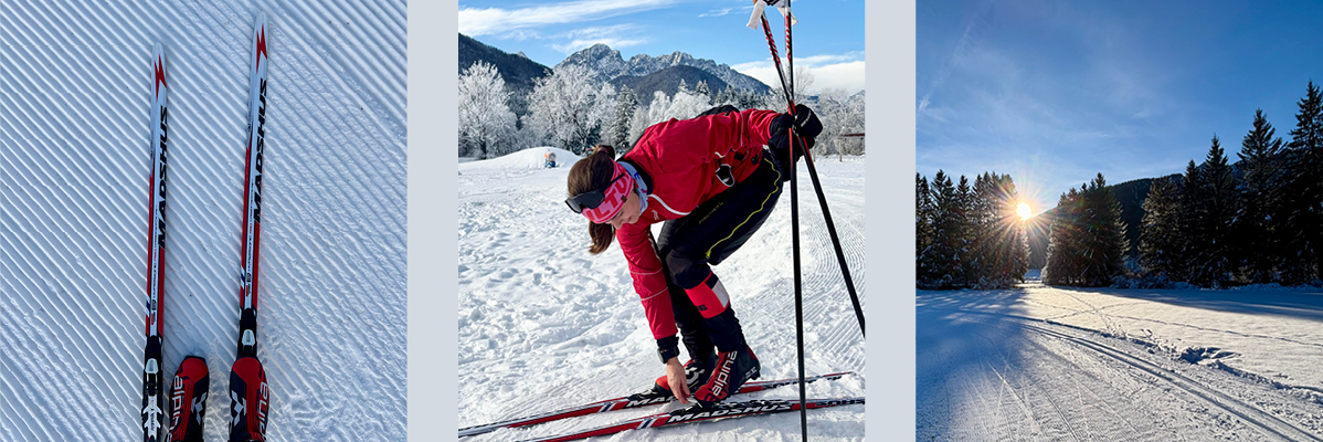 Madshus tekaške smuči, palice in tekačica na zasneženi tekaški progi.