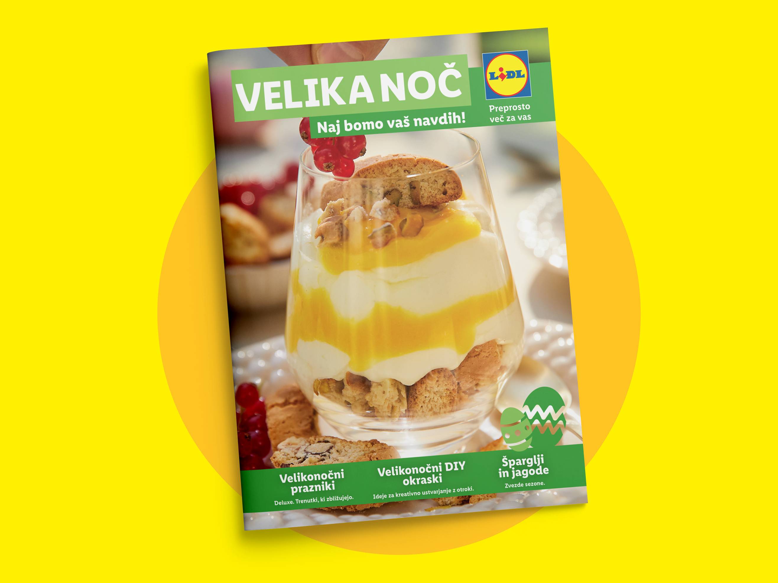 Velikonočni katalog z receptom za sladico v kozarcu, idejami za praznike in DIY okraske.