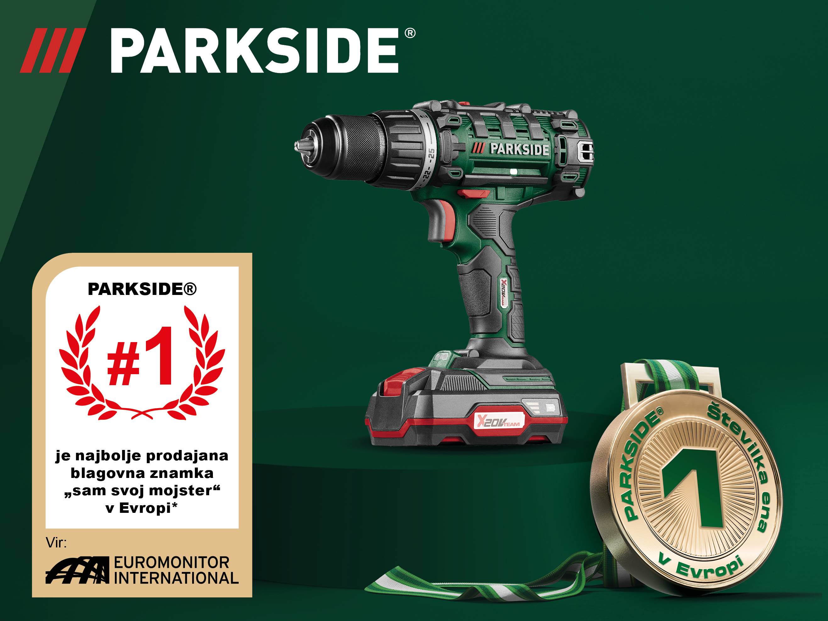 Parkside akumulatorski vrtalnik in medalja št. 1 v Evropi.
