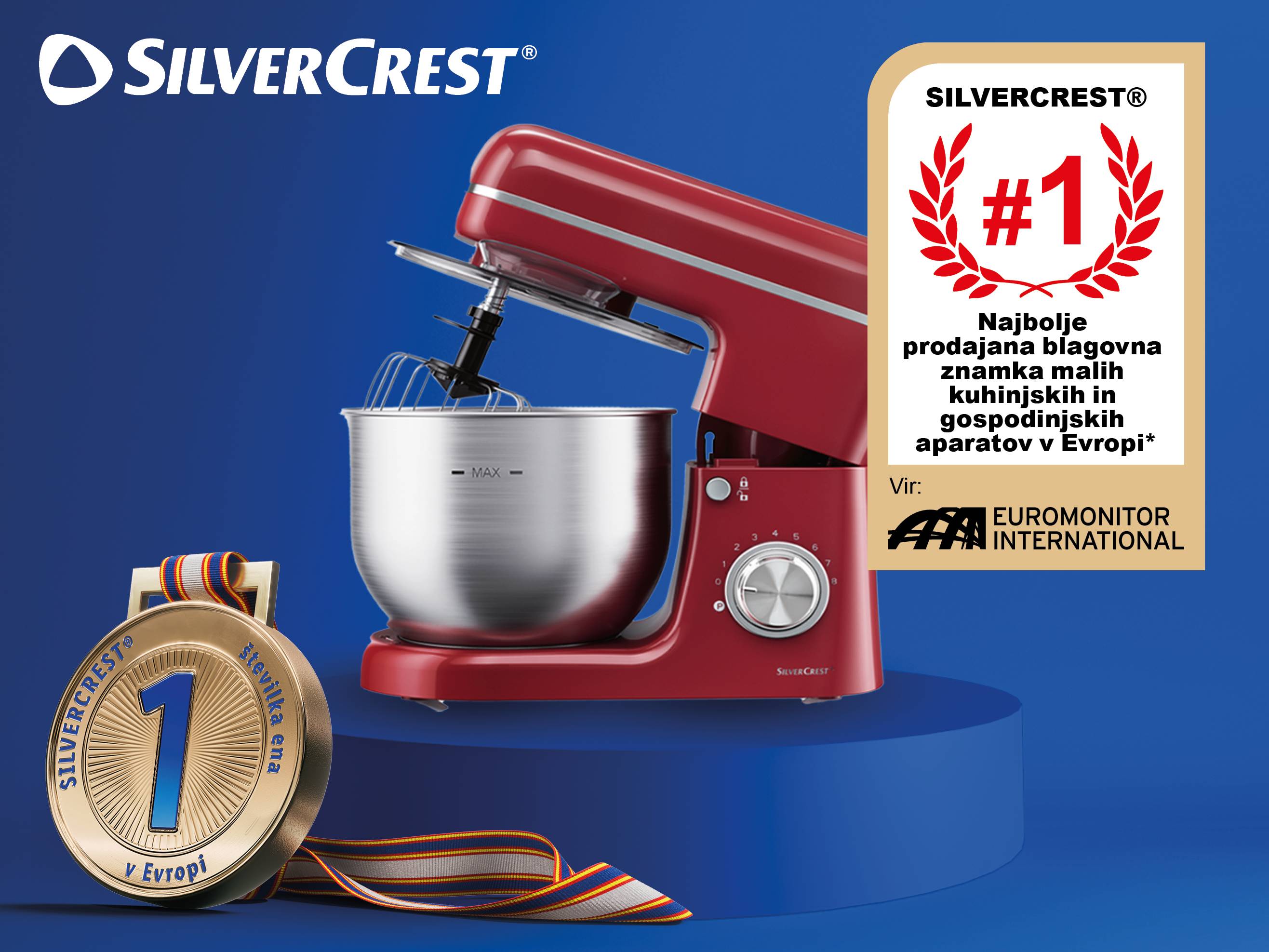 Rdeči mešalnik Silvercrest, najbolj prodajana blagovna znamka malih kuhinjskih aparatov v Evropi.