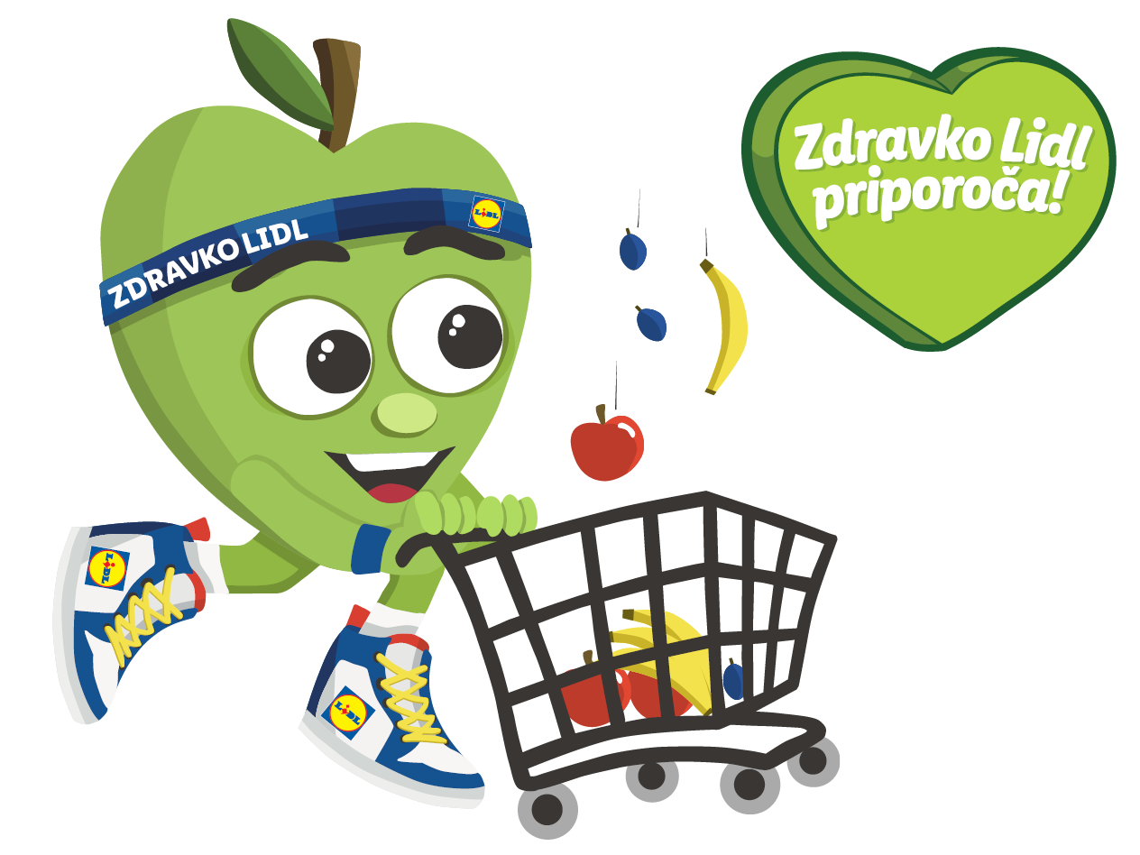 Zeleno jabolko z obrazom, ki potiska nakupovalni voziček s sadjem, in napisom 'Zdravko Lidl priporoča!'