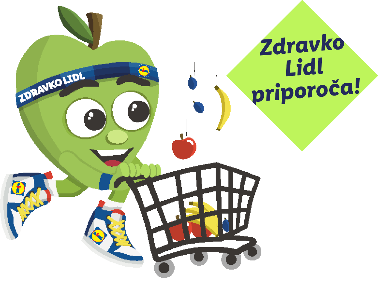Zeleno jabolko z nakupovalnim vozičkom, polnim sadja, in napisom »Zdravko Lidl priporoča!«