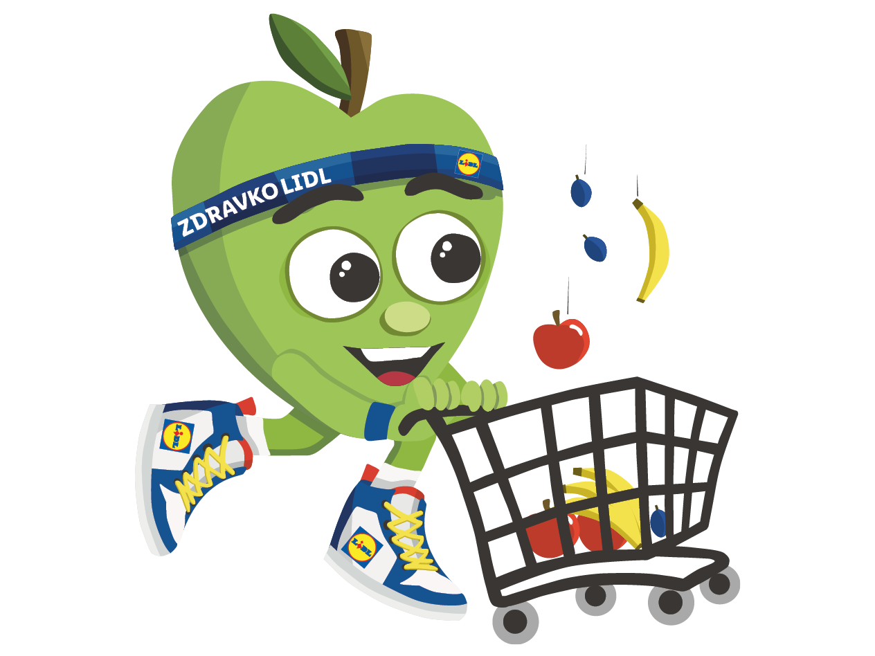 Zeleno jabolko z napisom 'Zdravko Lidl' teče in potiska nakupovalni voziček s sadjem.