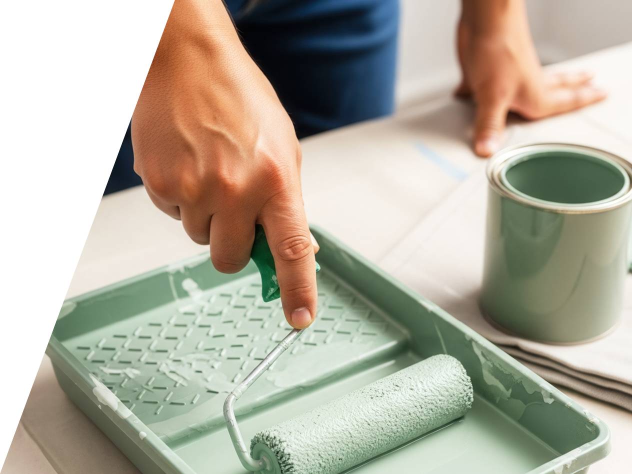 Roka drži valjček za barvanje v pladnju z zeleno barvo in pločevinko barve.