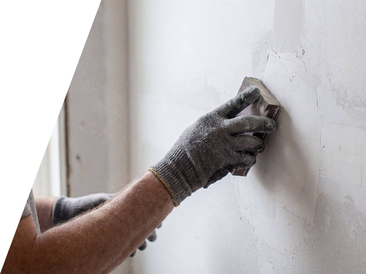 Delavec brusi steno z brusilno gobo, nosi delovne rokavice.