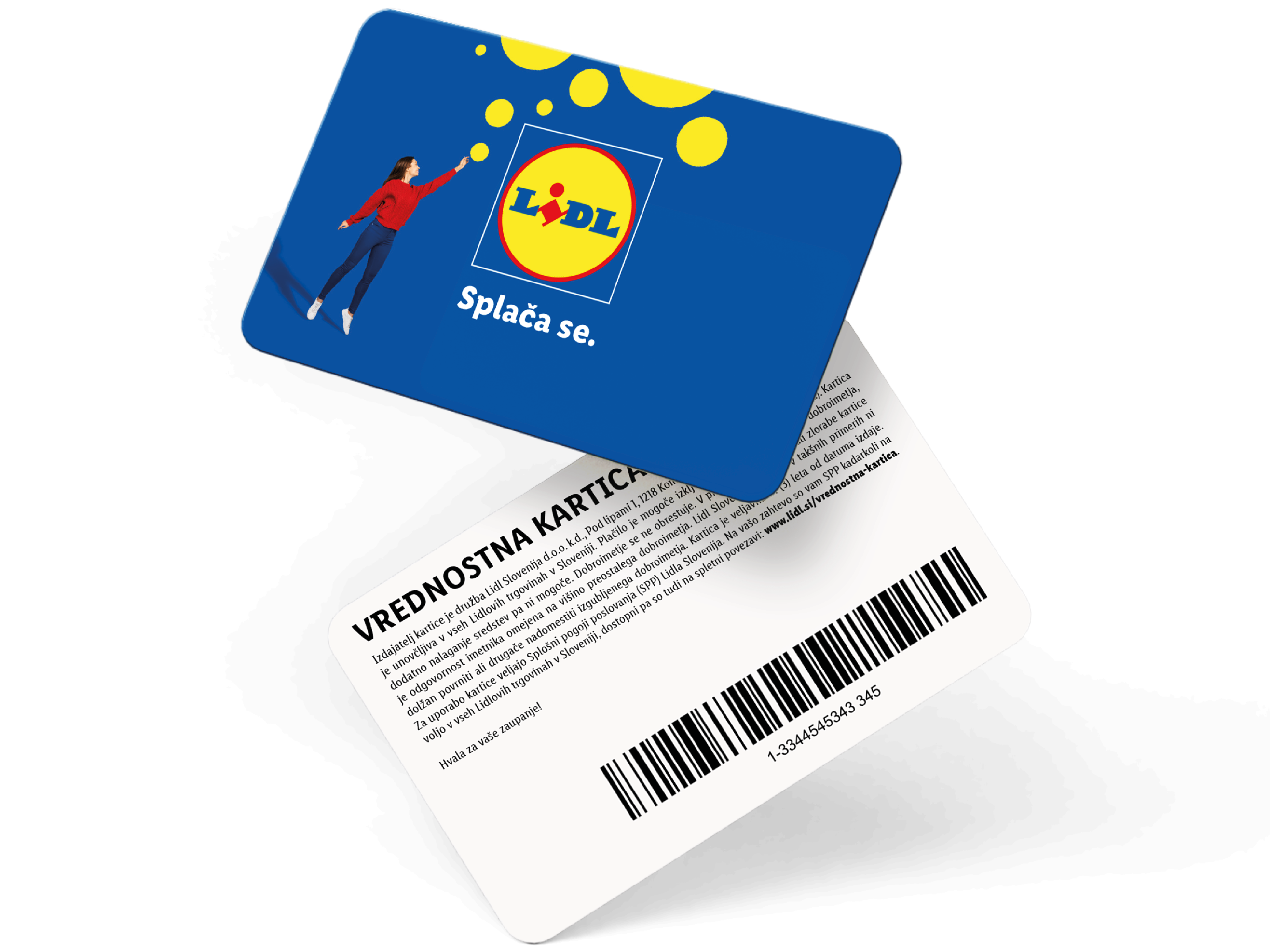 Darilna kartica z logotipom trgovine, žensko, ki sega po mehurčkih, in besedilom »Splača se.«