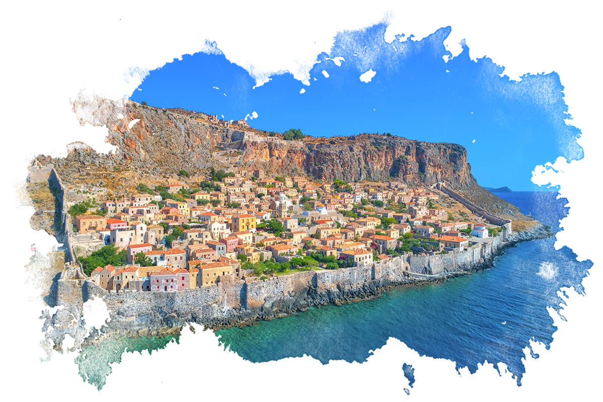 Utrjeno sredozemsko naselje, pisane hiše, pogled iz zraka.