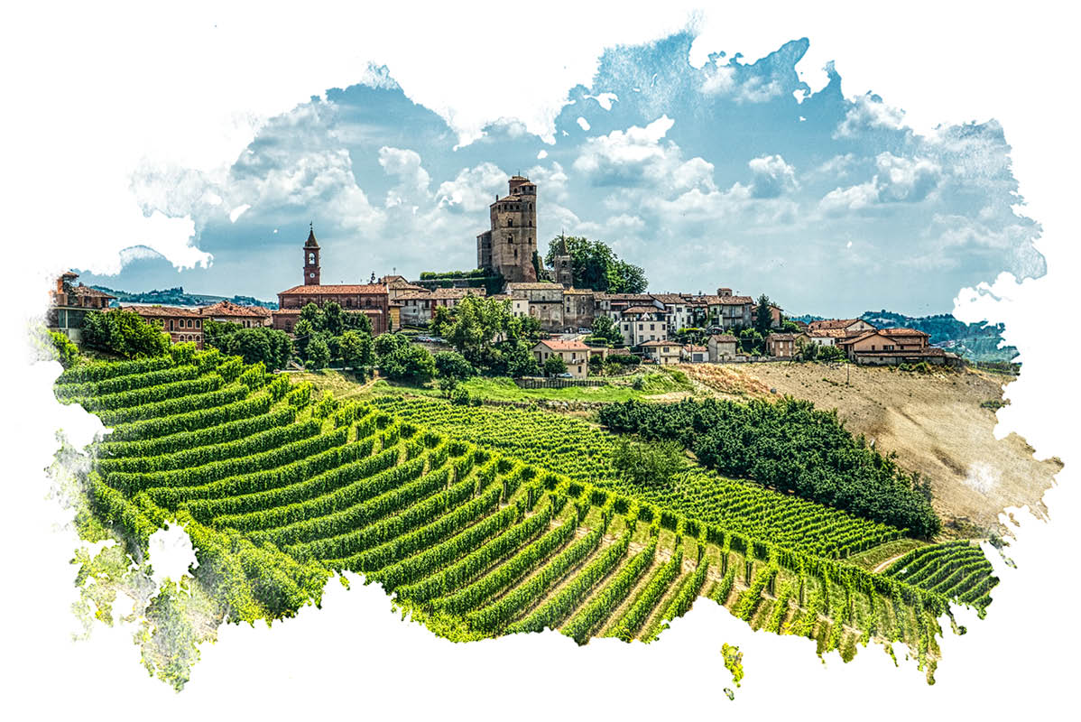 Italijanski vinogradi in srednjeveška vas.