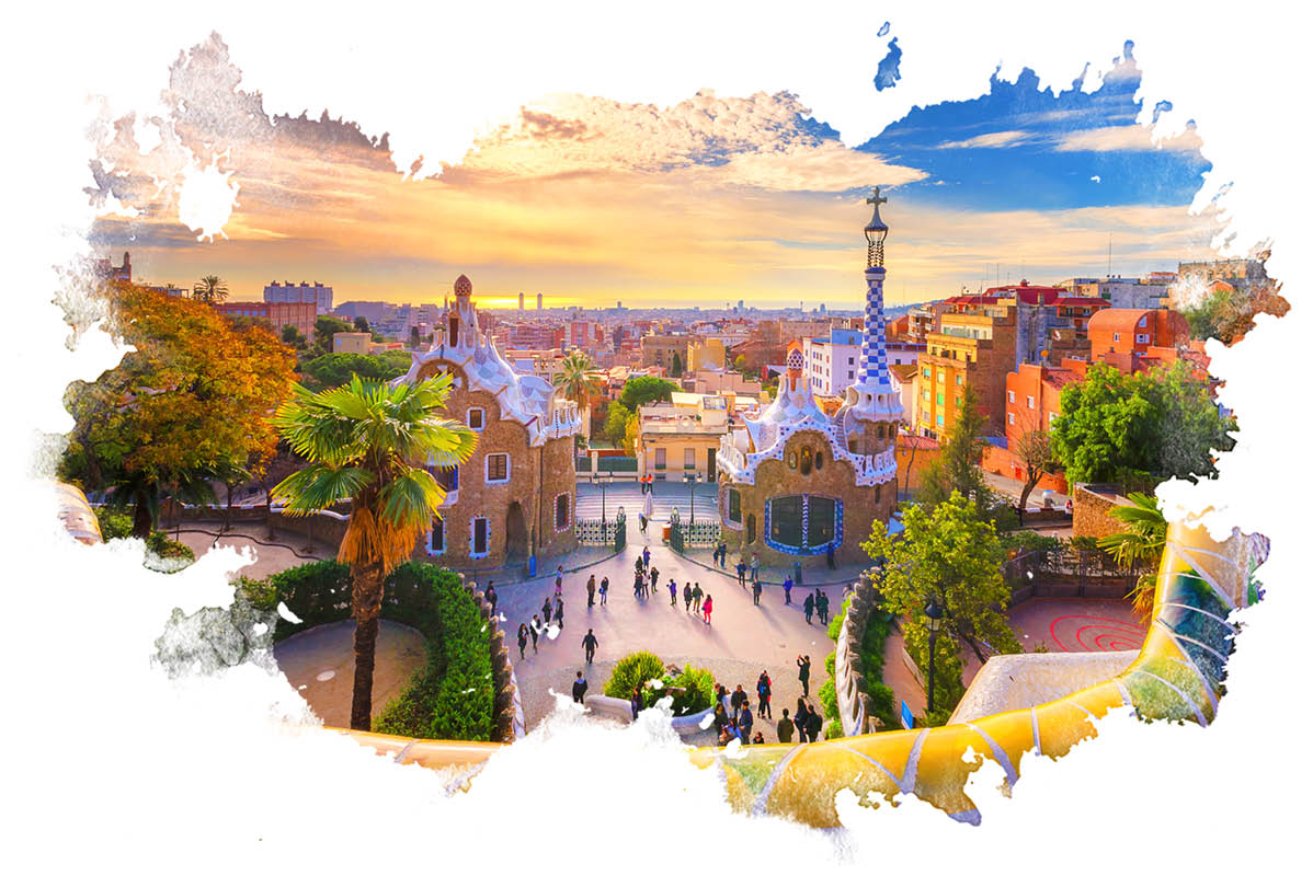 Park Güell Antonija Gaudíja v Barceloni ob sončnem zahodu.