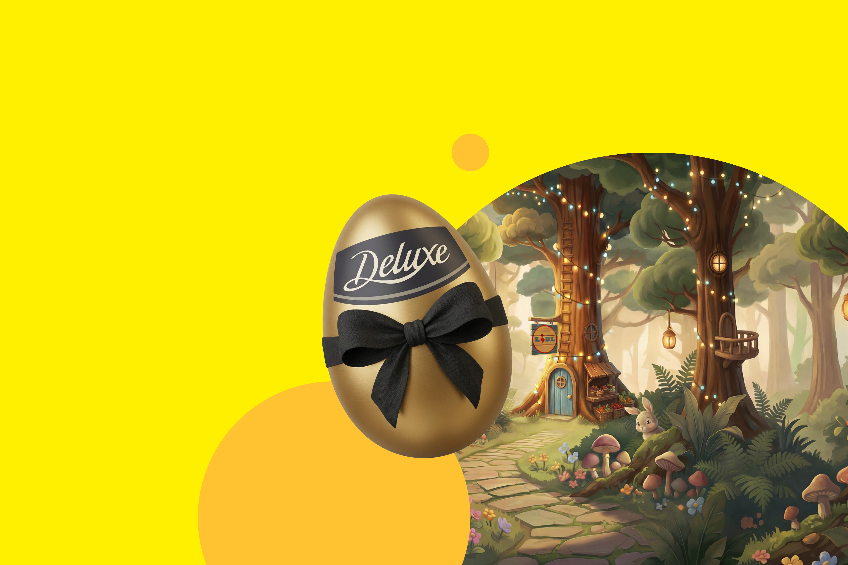 Zlato jajce z napisom 'Deluxe' in črno pentljo v gozdni pokrajini z drevesno hišico.