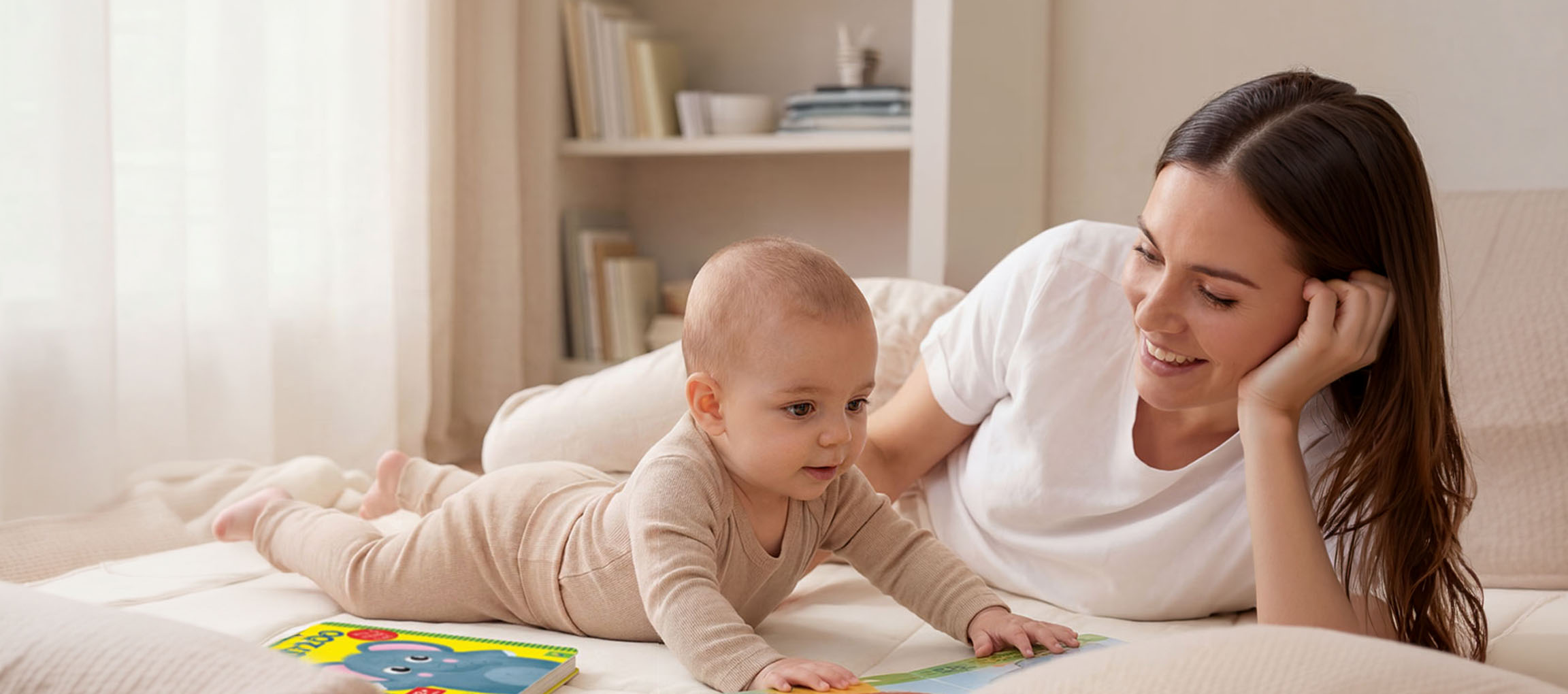 Mama in dojenček ležita na postelji in bereta knjigo.