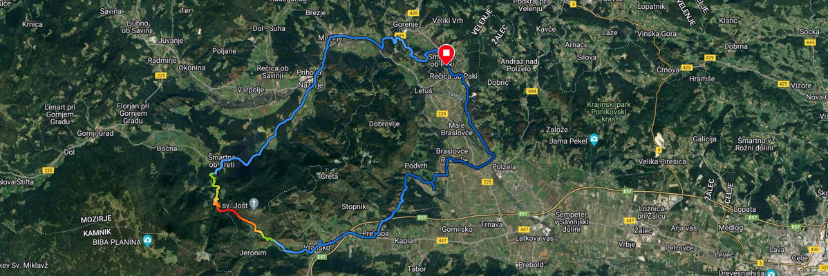 Karta kolesarske poti po Sloveniji, vključno z Braslovčami in drugimi mesti.
